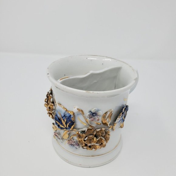 Antique German Porcelain Victorian Shaving Mug Raised Gold Flowers Cobalt Leaves - Picture 1 of 7
